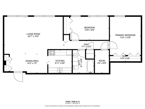 Floor plan for 1 bed, 2 baths, 850 sqft